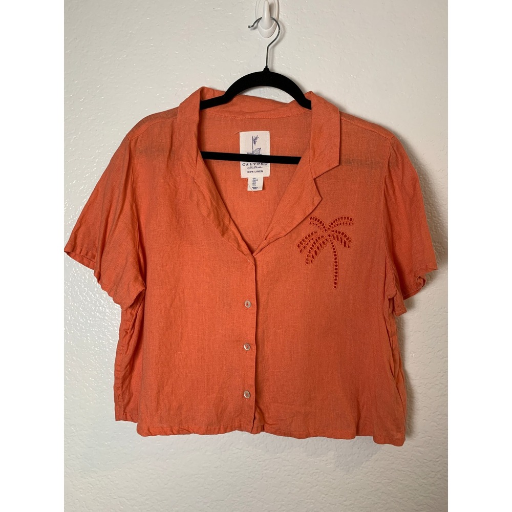 Calypso St. Barth Linen Shirt Women Large Orange Palm Tree Eyelet Boho Resort